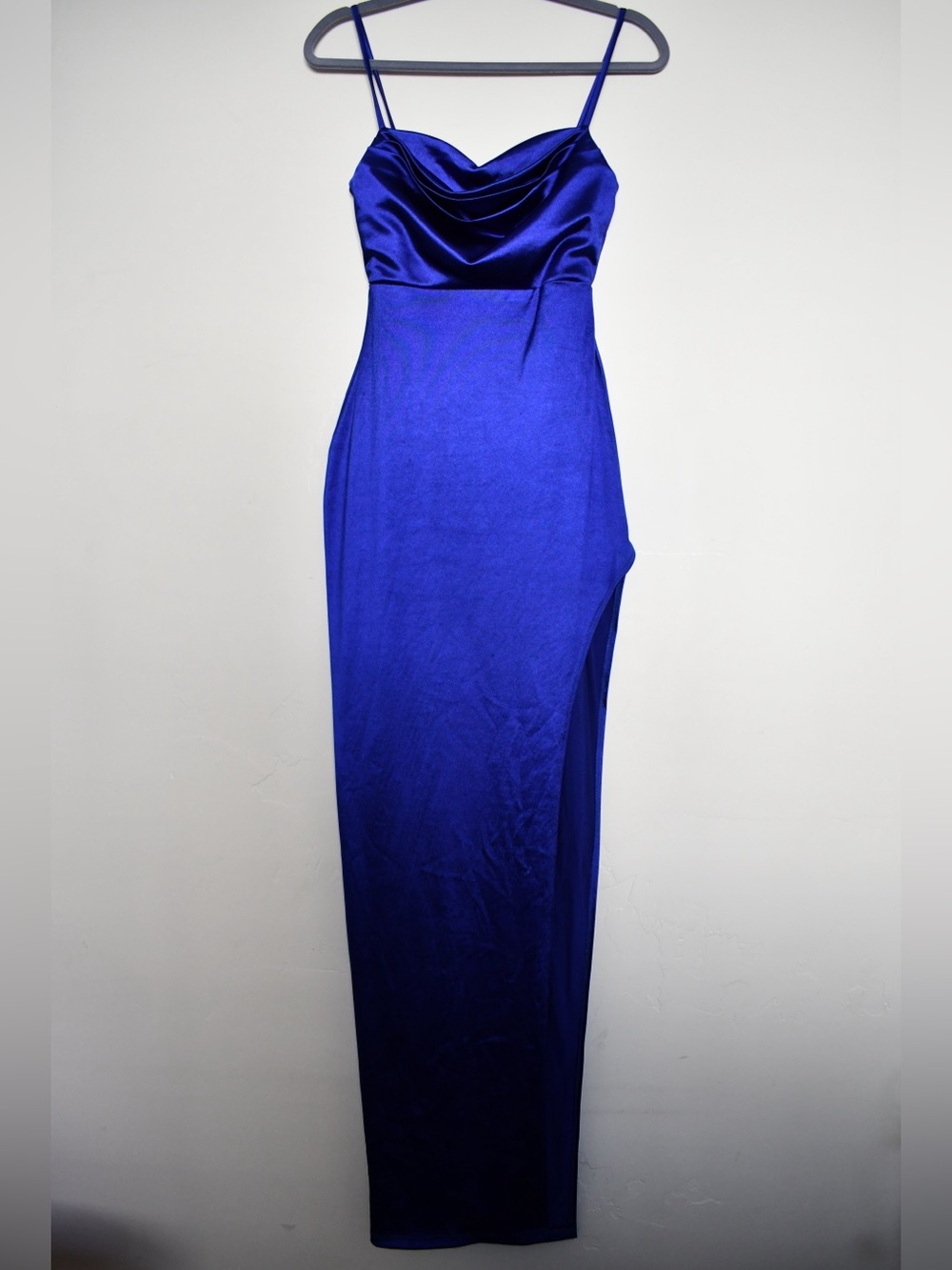 Blue Satin Cowl Neck Cocktail Dress
